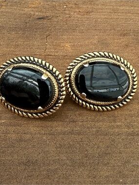 Vintage Gold-Tone Earrings with Black Cabochon